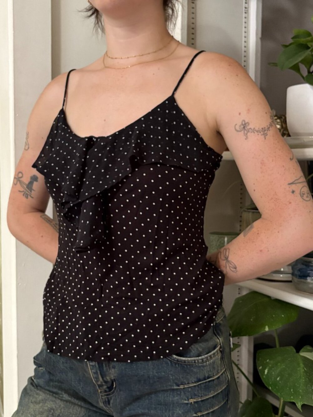 Y2k Black Polka Dot Frilly Tank Top - M
